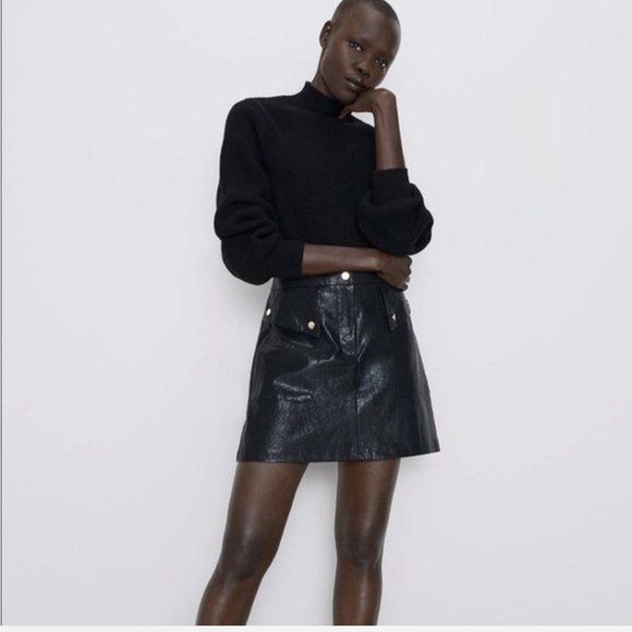 Black Zara A-Line Faux Leather Skirt with Gold Buttons - Picture 3 of 5